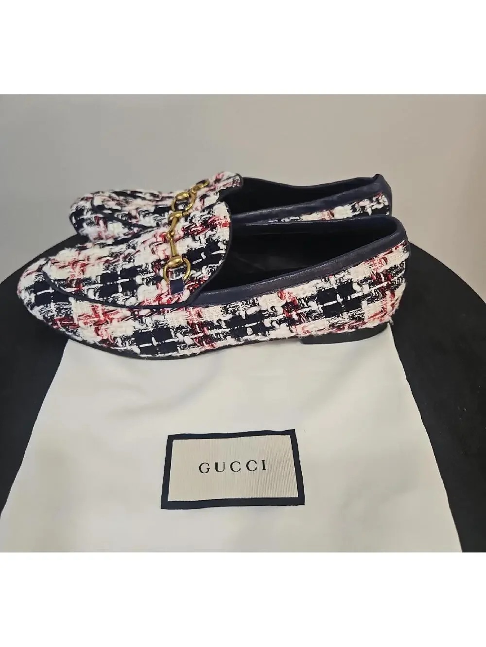 Gucci Tweed Horsebit Loafers in Navy, White & Red